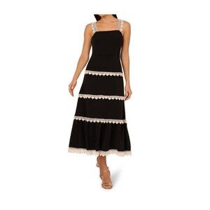 Adrianna Womens Sleeveless Crochet Trim Midi Dress Black Ecru Size 10 NWT